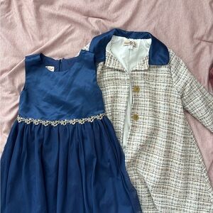 Blue Girls' Party Dress with Embroidered Waistband and Matching Coat